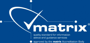 A logo for Matrix. The text says "Quality standard for information advice and guidance services, approved by the Matrix Accreditation Body".